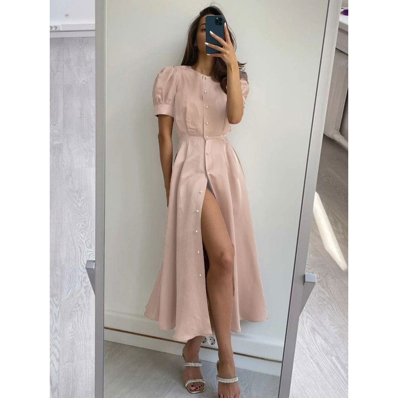 Buttons Fashionable Dress Jewel Neck Short Sleeves Midi Dress Elegant Dating