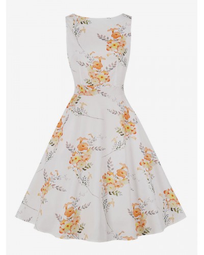 Dress 1950s Audrey Hepburn Style White Floral Print Woman Sleeveless Rockabilly Dress Bodycon Retro Summer