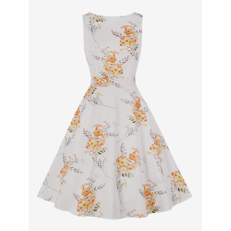 Dress 1950s Audrey Hepburn Style White Floral Print Woman Sleeveless Rockabilly Dress Bodycon Retro Summer