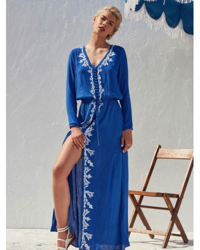 Women Boho Dress Light Sky Blue V-Neck Long Sleeves High Split Embroidered Gypsy Beach Vacation Summer Long Dress Bohemian Spring Fall