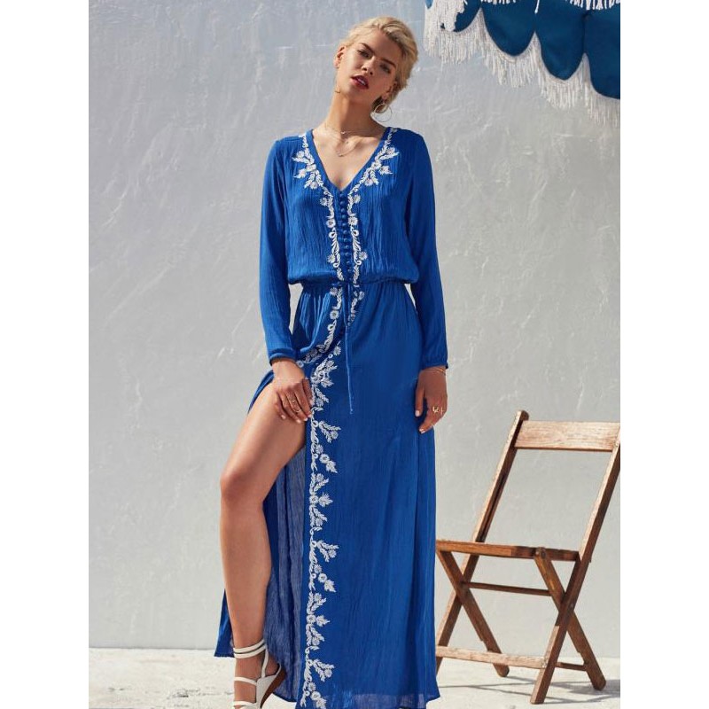 Women Boho Dress Light Sky Blue V-Neck Long Sleeves High Split Embroidered Gypsy Beach Vacation Summer Long Dress Bohemian Spring Fall