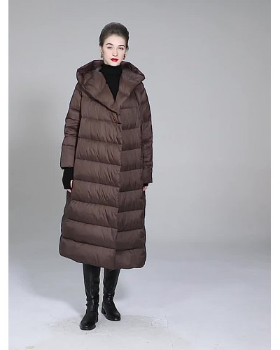 Women Down Coat Khaki Hooded Long Outerwear Classic  Traditional Casual Fall Winter Street Wear Indoor Field