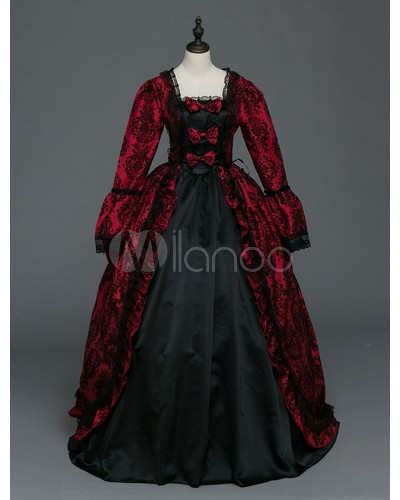 Women Retro Costume Victorian Dress Masquerade Ball Gowns Burgundy Long Sleeve Halloween Vintage Costume Sets Baroque