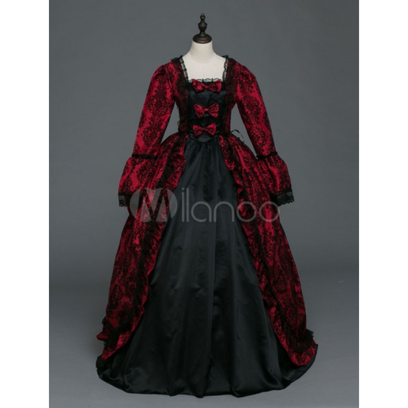 Women Retro Costume Victorian Dress Masquerade Ball Gowns Burgundy Long Sleeve Halloween Vintage Costume Sets Baroque