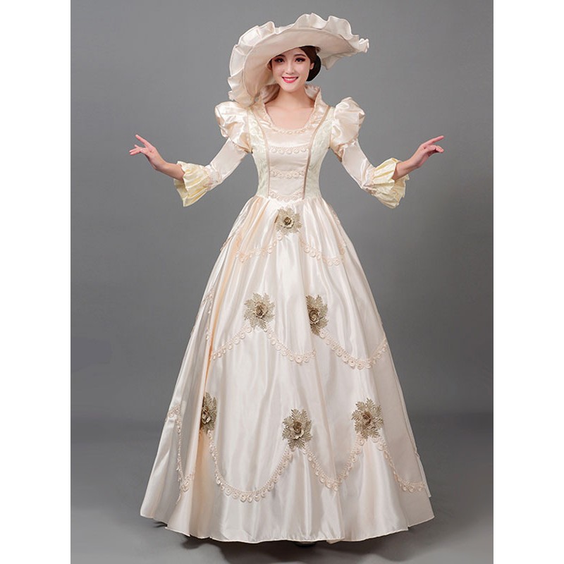 Women Champagne Retro Costumes Ruffles Polyester Dress Marie Antoinette Costume 's Masquerade Ball Gown Tunic Vintage Euro-Style