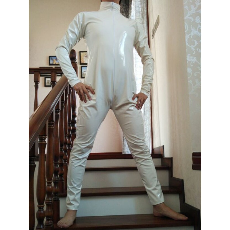 Halloween Unisex Cream White PVC Front Open Shiny Metallic Catsuit Solid