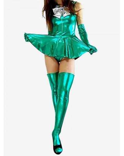 Women Halloween Green Sleeveless Shiny Metallic Mini Skirt With Bowknot