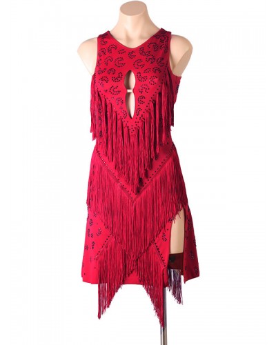 Women Latin Dance Costume Burgundy 's Polyester Dress Backless Fringe Rhinestones Latin Dancer Dancing Wear Bodycon Sexy