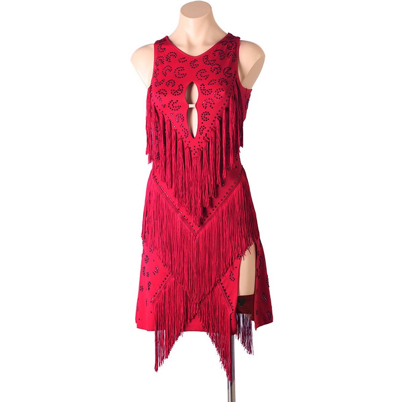 Women Latin Dance Costume Burgundy 's Polyester Dress Backless Fringe Rhinestones Latin Dancer Dancing Wear Bodycon Sexy