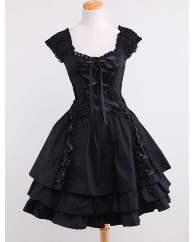 Lolita Dress OP Black Square Neck Short Sleeve Ruffle Tiered Lolita One Piece Dress Gothic Summer Tea Party