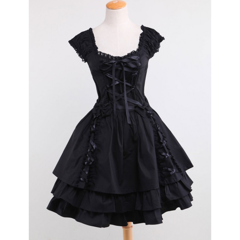 Lolita Dress OP Black Square Neck Short Sleeve Ruffle Tiered Lolita One Piece Dress Gothic Summer Tea Party