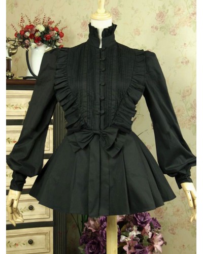 Gothic Lolita Blouse Cotton Stand Collar Ruffles Puff Sleeve Black Lolita Top Spring Summer Fall Winter