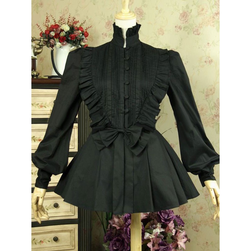 Gothic Lolita Blouse Cotton Stand Collar Ruffles Puff Sleeve Black Lolita Top Spring Summer Fall Winter