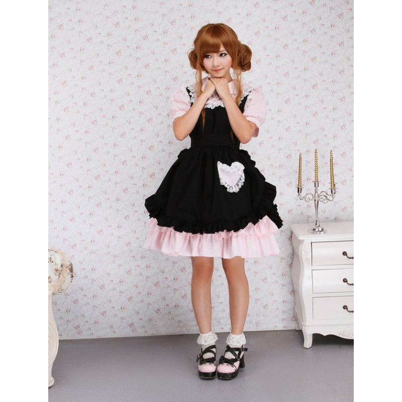 Cotton Pink And Black Lace Ruffles Punk Lolita Dress