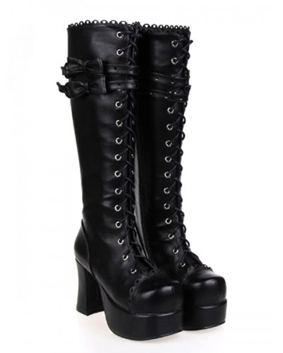 Gothic Black Lolita Chunky Heels Boots Platform Shoelace Bows Street Wear