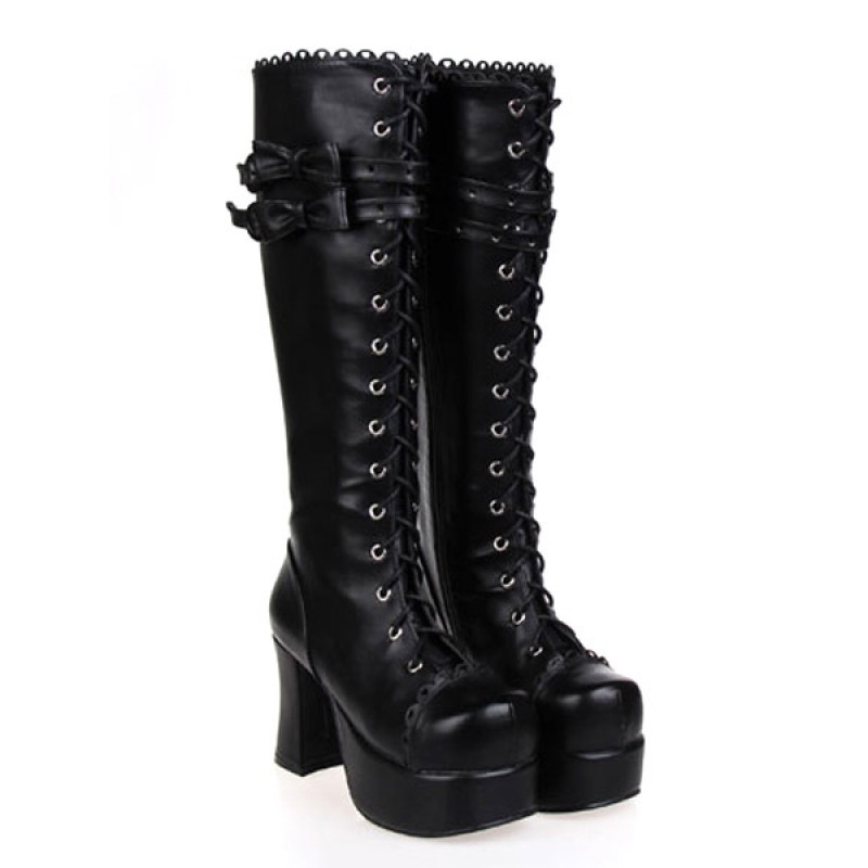 Gothic Black Lolita Chunky Heels Boots Platform Shoelace Bows Street Wear