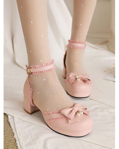 Sweet Lolita Sandals Round Toe Chunky Heel PU Leather Pink Lolita Summer Ankle Strap Heels