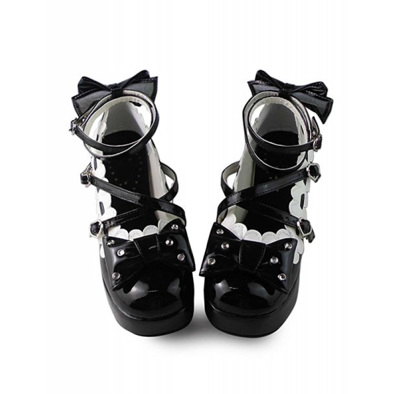 Sweet Black Square Heels With Bows And White Trim