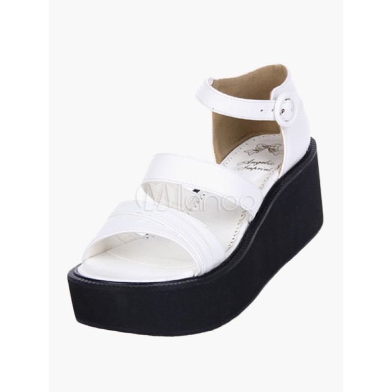 Fantastic Buckle Leather White Lolita Sandals