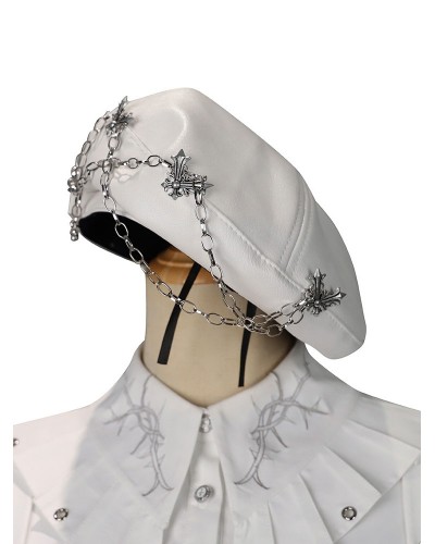 Lolita Hat White Fringe Accessory Stars Print PU Leather Lolita Accessories Army