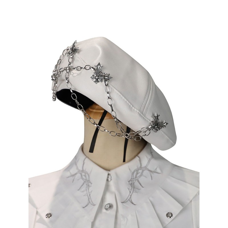 Lolita Hat White Fringe Accessory Stars Print PU Leather Lolita Accessories Army