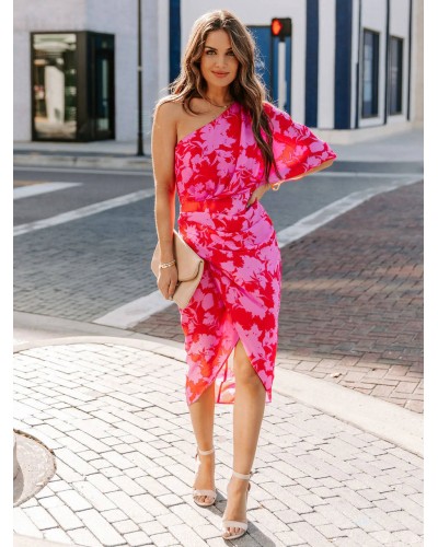 Women Dress Oblique Shoulder Floral Print Pattern Backless Rose Red Beach Maxi Dress Summer