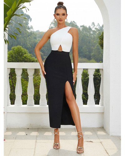 Dresses White Notched Neckline Cut Out Sleeveless Two-Tone Backless Semi Formal Dress Maxi Night Out Party Dating