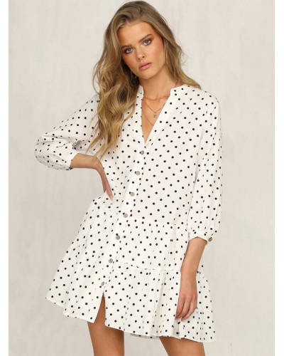 Shift Dresses 3/4 Length Sleeves Polka Dot Casual Buttons V-Neck Layered Tube Dress Bodycon Street Wear Daily Casual