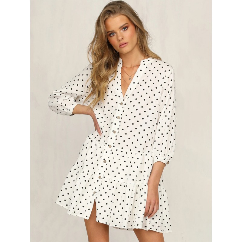 Shift Dresses 3/4 Length Sleeves Polka Dot Casual Buttons V-Neck Layered Tube Dress Bodycon Street Wear Daily Casual