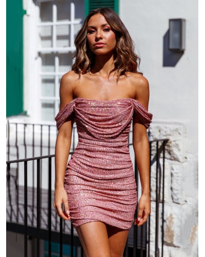 Women Party Dresses Pink Bateau Neck Sequins Sleeveless Layered Semi Formal Dress Mini Summer