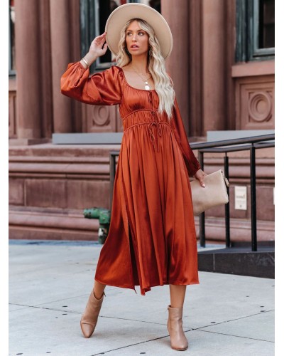 Women Maxi Dress Square Neck Long Sleeves Orange Red Floor Length Dress Simple Spring Fall