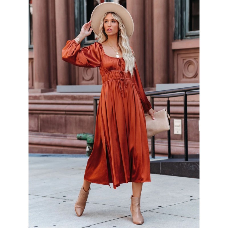 Women Maxi Dress Square Neck Long Sleeves Orange Red Floor Length Dress Simple Spring Fall