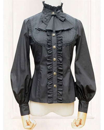 Gothic Lolita Blouse Black High Collar Balloon Sleeve Lolita Shirt Daily Casual