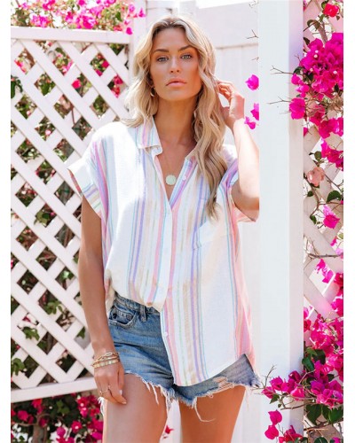 Women Blouse White Turndown Collar Oversized Stripes Buttons Short Sleeves Tops Casual Summer