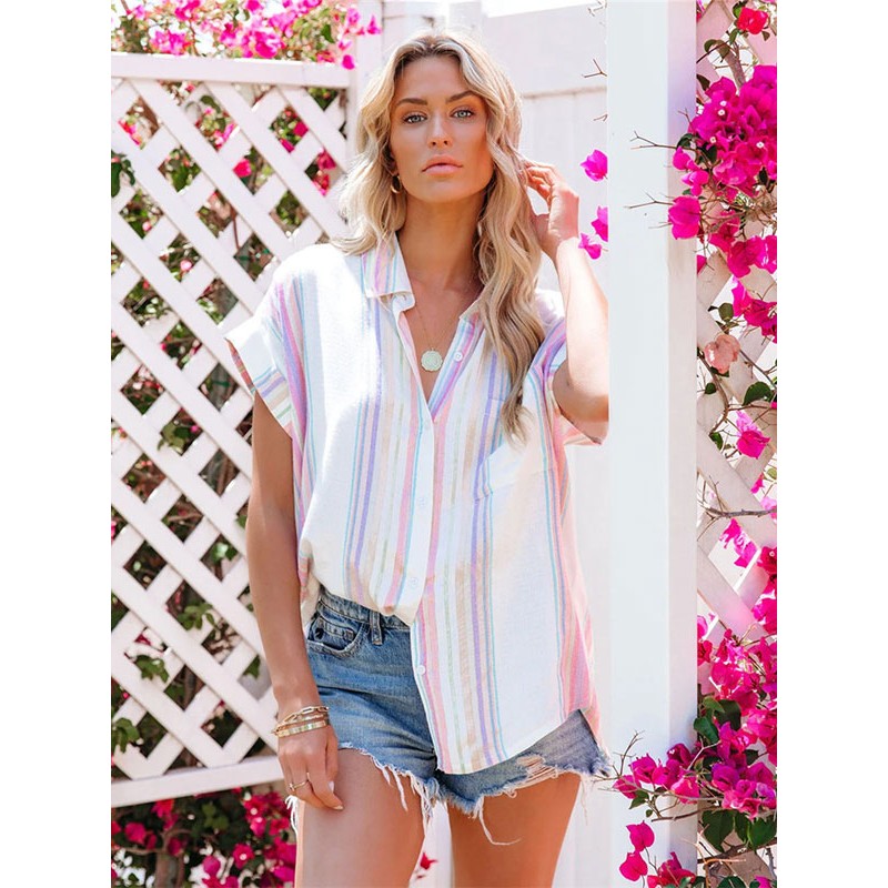 Women Blouse White Turndown Collar Oversized Stripes Buttons Short Sleeves Tops Casual Summer