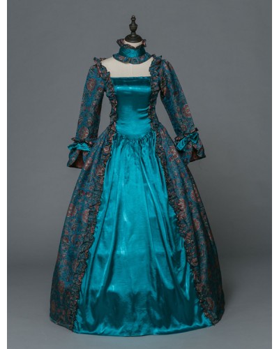 Women Victorian Dress Costume 's Masquerade Ball Gowns Blue Floral Long Sleeves With Choker Victorian Era Clothing With Hat Retro Costumes Halloween Sets Baroque