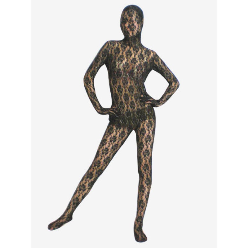 Unisex Halloween Morph Suit Black Transparent Lace Velvet Jacquard Zentai Suit