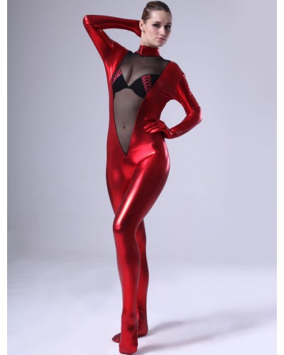 Sexy Red Shiny Metallic Fabric Catsuit For Women's Bodysuit