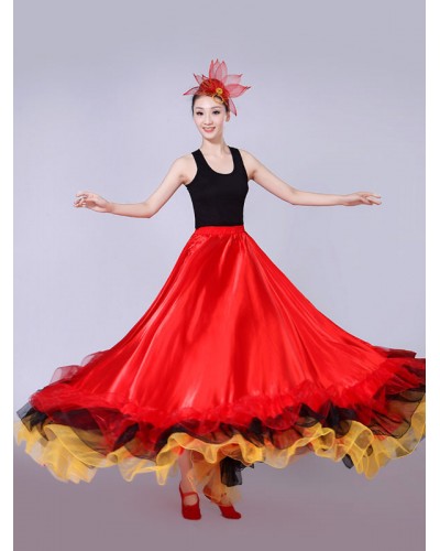 Women Flamenco Girls Yellow Mesh Billowing Dancing Skirt Adults Spanish Dancer Ballroom Dress Paso Doble Costumes Carnival