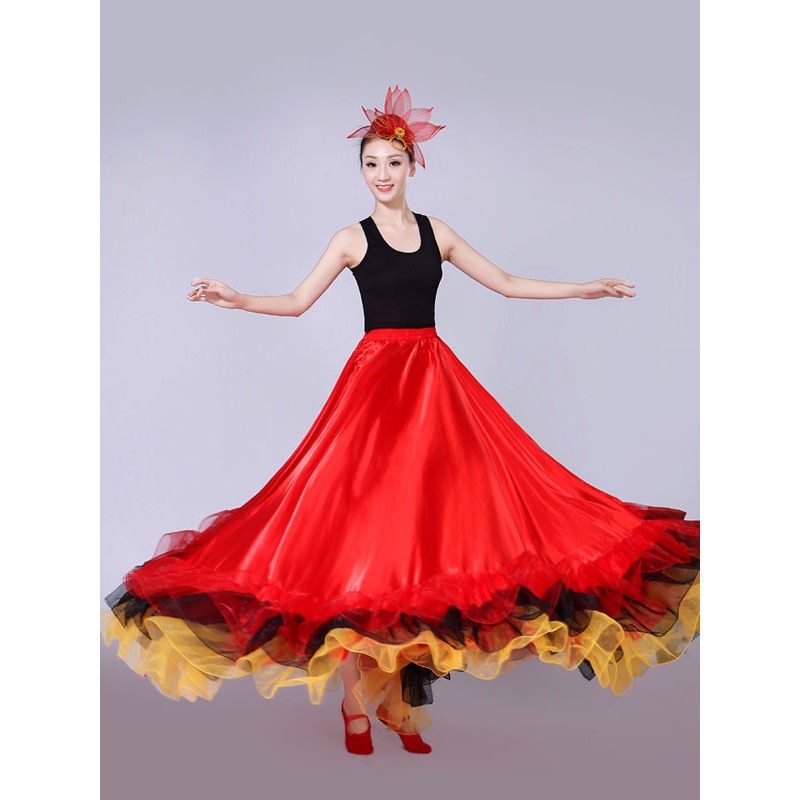 Women Flamenco Girls Yellow Mesh Billowing Dancing Skirt Adults Spanish Dancer Ballroom Dress Paso Doble Costumes Carnival