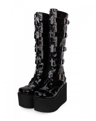 Gothic Lolita Boots Metallic Buckle Zipper Grommet Lace Up Platform Black Lolita Footwear Shoes Punk