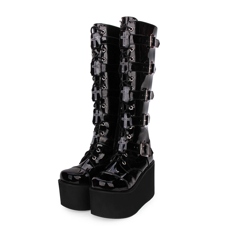 Gothic Lolita Boots Metallic Buckle Zipper Grommet Lace Up Platform Black Lolita Footwear Shoes Punk