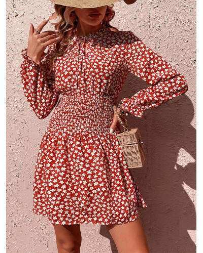 Women Mini Dresses Burgundy Floral Print Long Sleeves Short Dress Spring