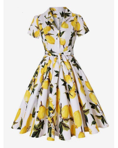 Women 1950s Audrey Hepburn Style Dress V Neck Short Sleeves Knee Length Floral Printed Rockabilly Dress Vintage Daily Casual