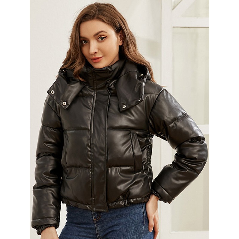  Coats Hooded Pockets Zipper Black Short Outerwear Quilted Coat Fall Winter