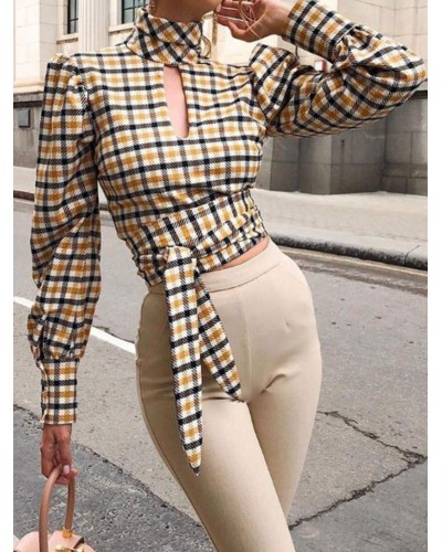 Women Sexy Blouse High Collar Long Sleeves Lace Up Plaid Patter Summer Shirt Street Wear Indoor Field