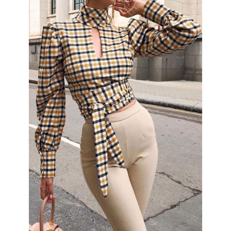 Women Sexy Blouse High Collar Long Sleeves Lace Up Plaid Patter Summer Shirt Street Wear Indoor Field