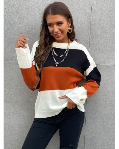 Women Pullover Sweater White Color Block Jewel Neck Long Sleeves Stretch Sweaters Casual Spring Fall