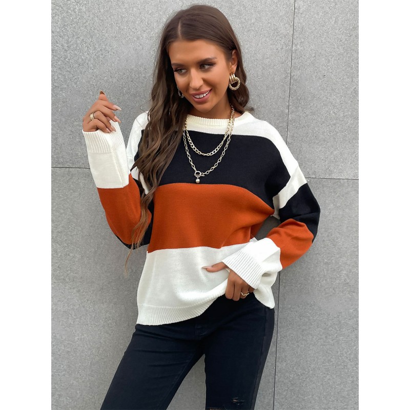 Women Pullover Sweater White Color Block Jewel Neck Long Sleeves Stretch Sweaters Casual Spring Fall