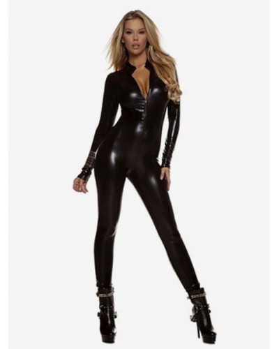 Black Adults Bodysuit Sexy Shiny Metallic Catsuit For Women